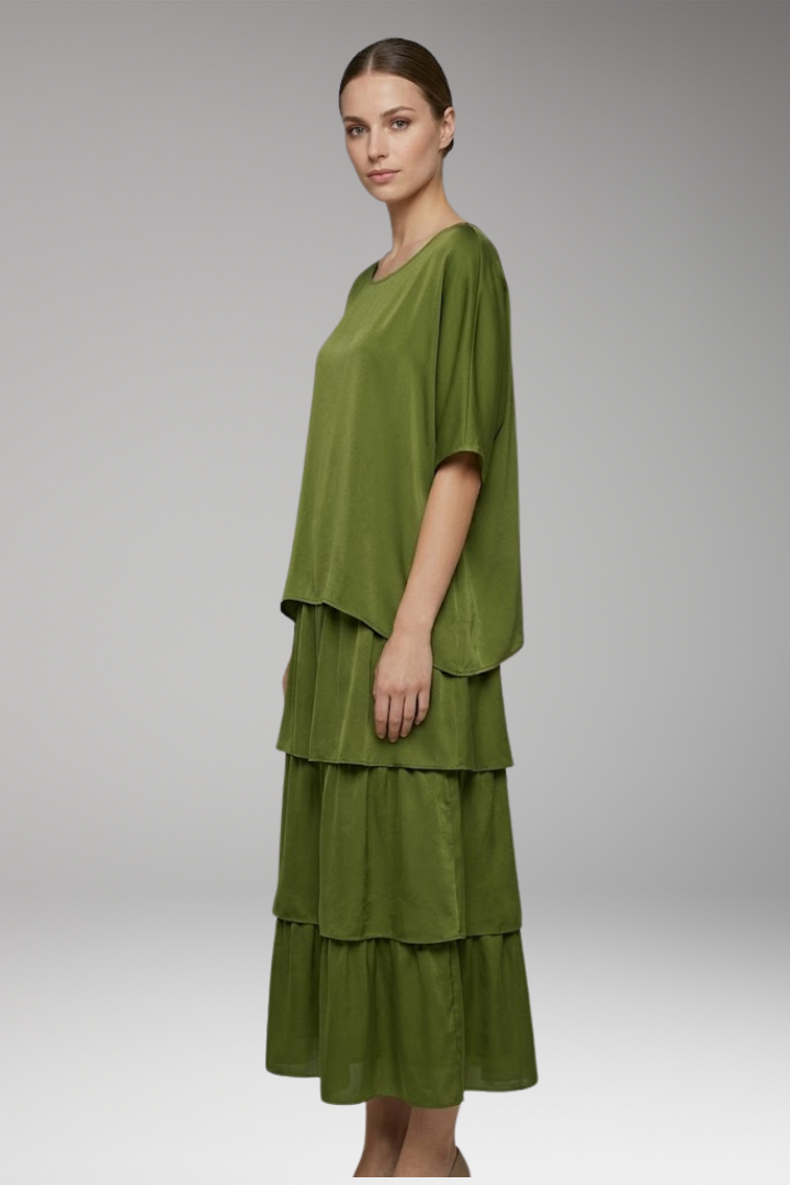 Women's Maxi Dress with Round Neck and Layered Design