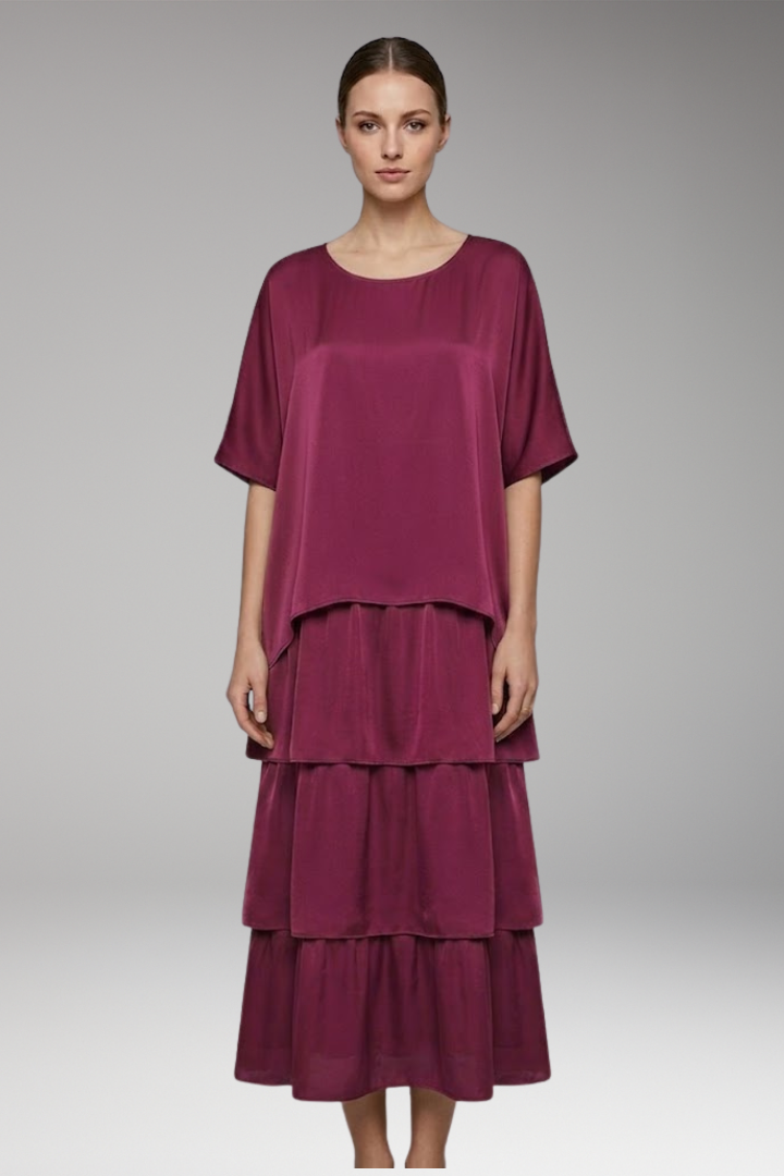 Women's Maxi Dress with Round Neck and Layered Design