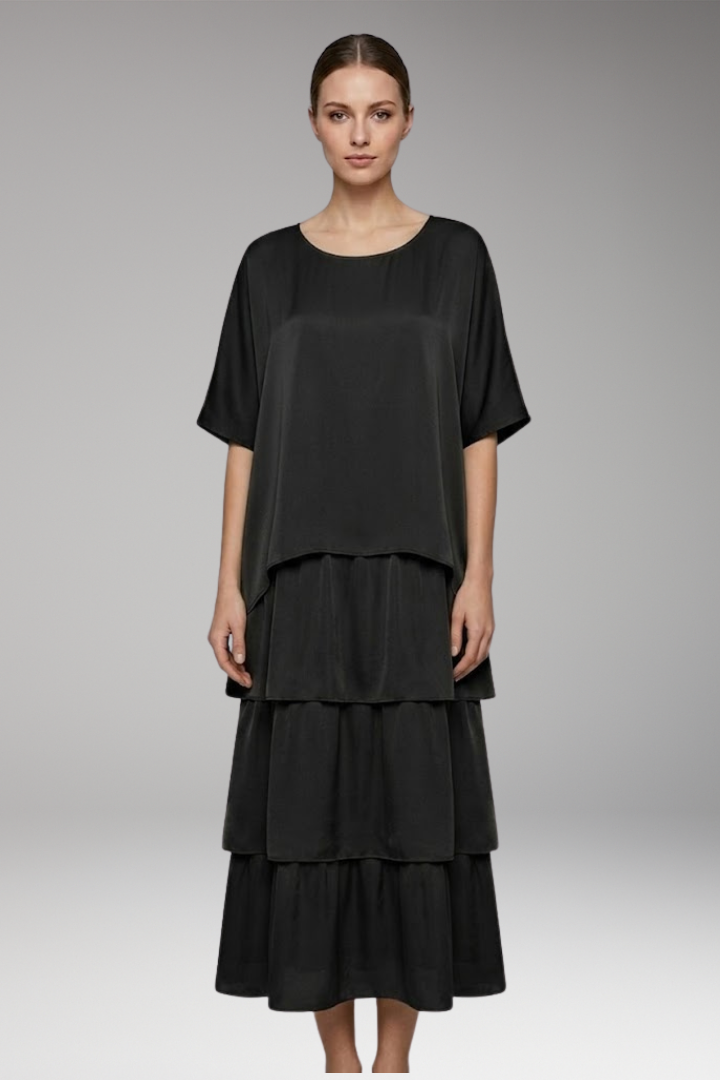 Women's Maxi Dress with Round Neck and Layered Design