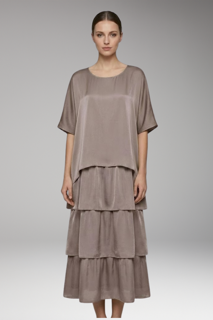 Women's Maxi Dress with Round Neck and Layered Design