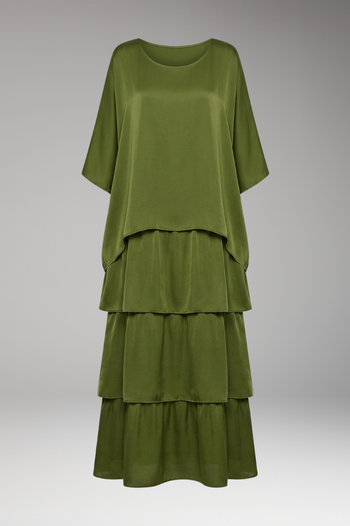 Women's Maxi Dress with Round Neck and Layered Design