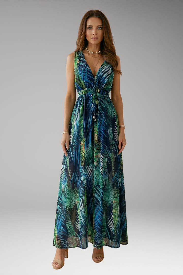 Women's Maxi Dress with Tropical Print and Smocked Waist