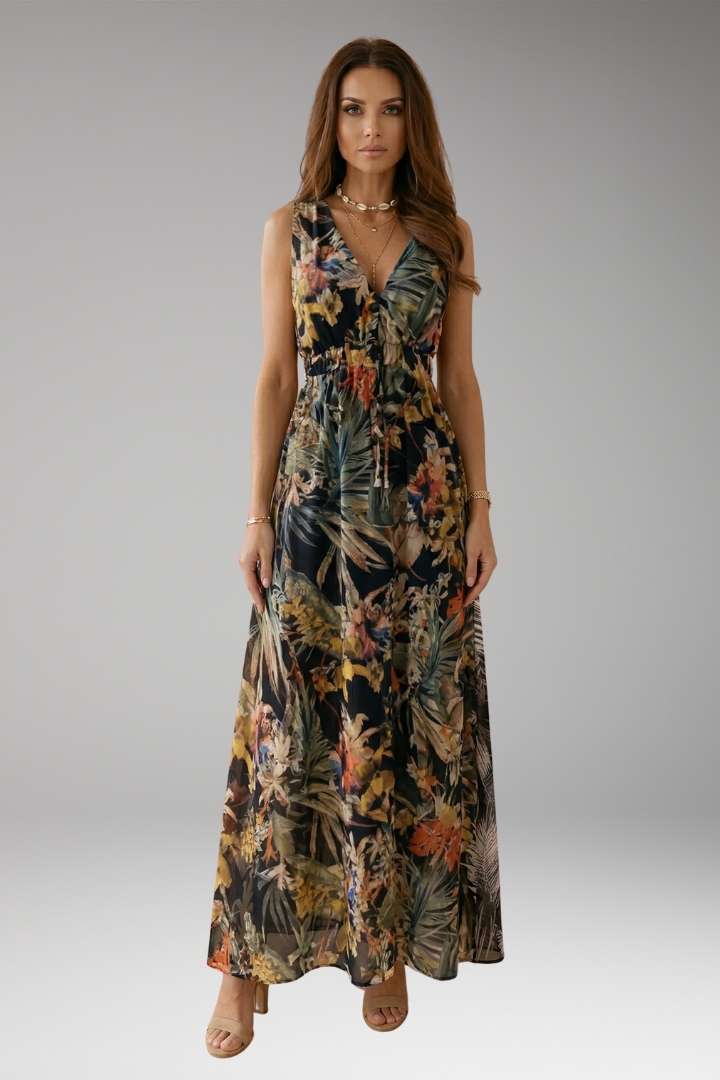 Women's Maxi Dress with Tropical Print and Smocked Waist