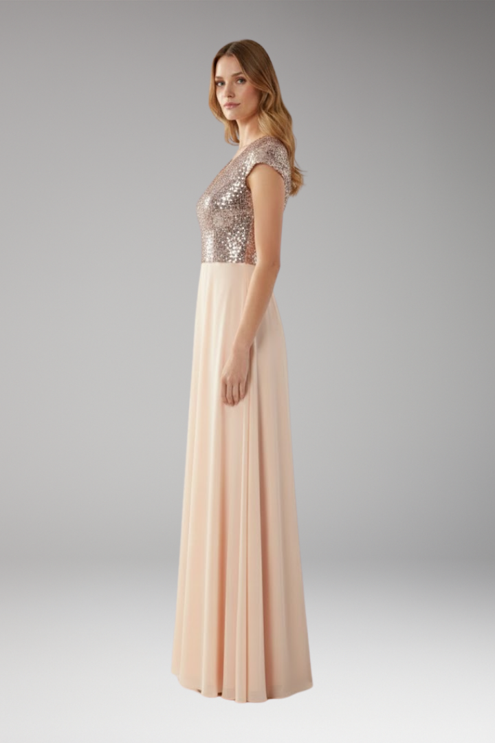 Women's Maxi Dress with V-Neck and Sequin Chiffon Panel