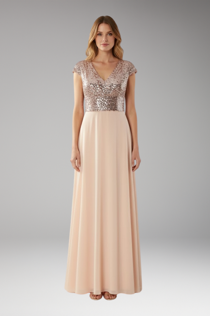 Women's Maxi Dress with V-Neck and Sequin Chiffon Panel