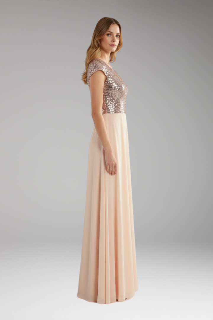 Women's Maxi Dress with V-Neck and Sequin Chiffon Panel