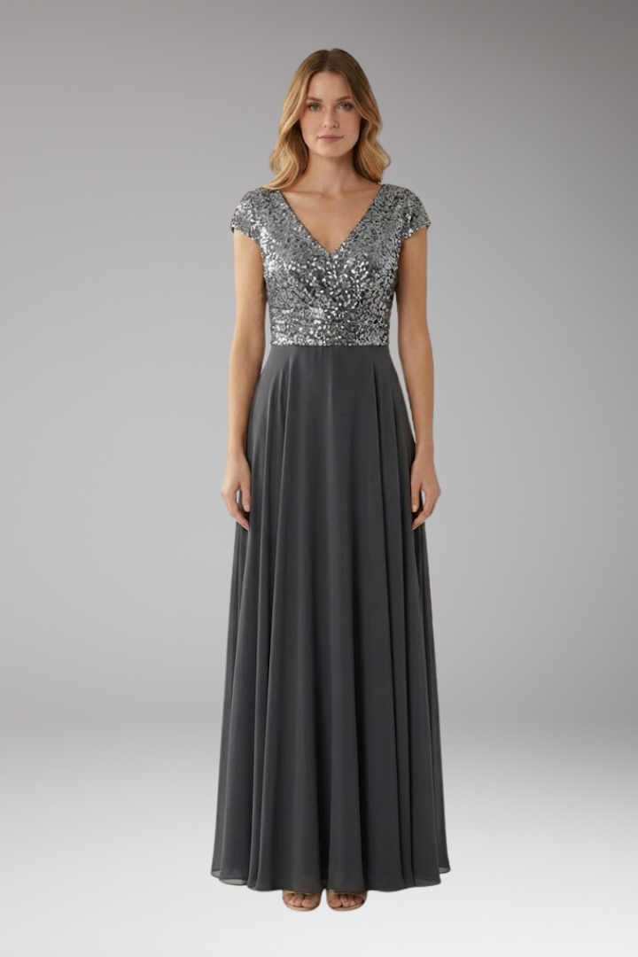 Women's Maxi Dress with V-Neck and Sequin Chiffon Panel