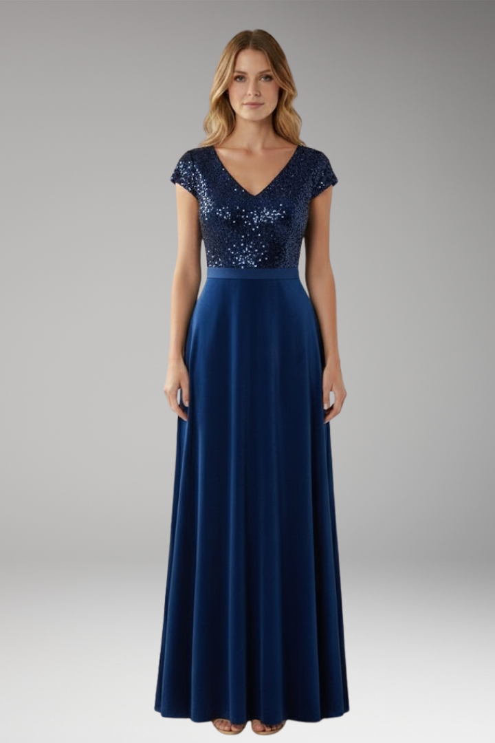 Women's Maxi Dress with V-Neck and Sequin Chiffon Panel