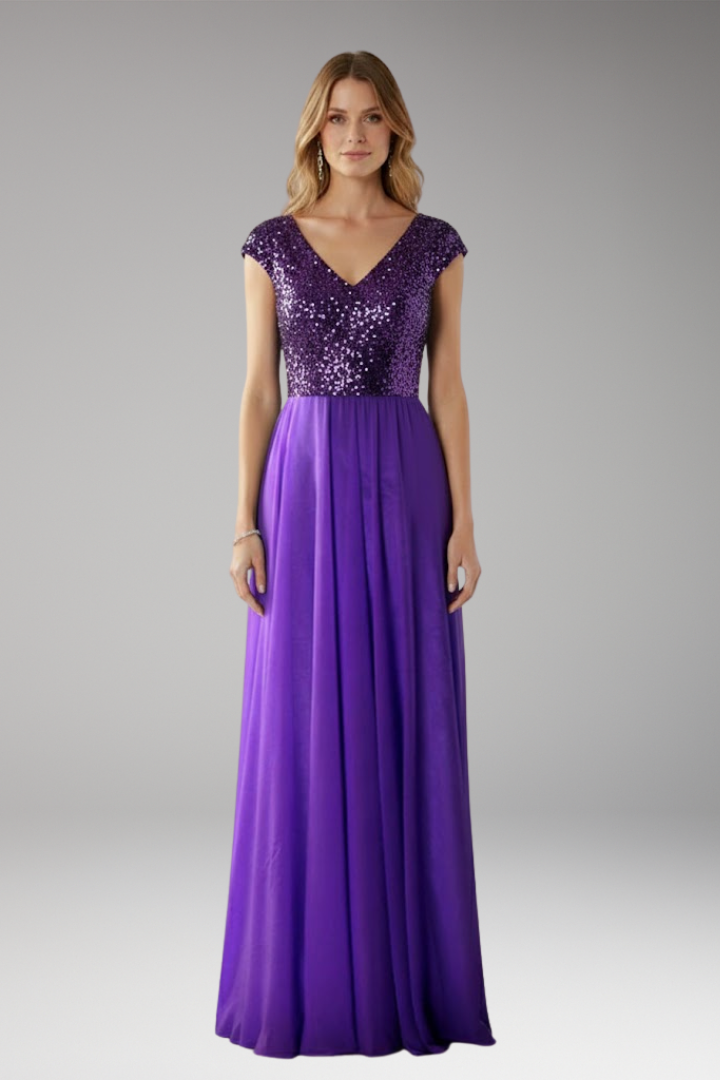 Women's Maxi Dress with V-Neck and Sequin Chiffon Panel