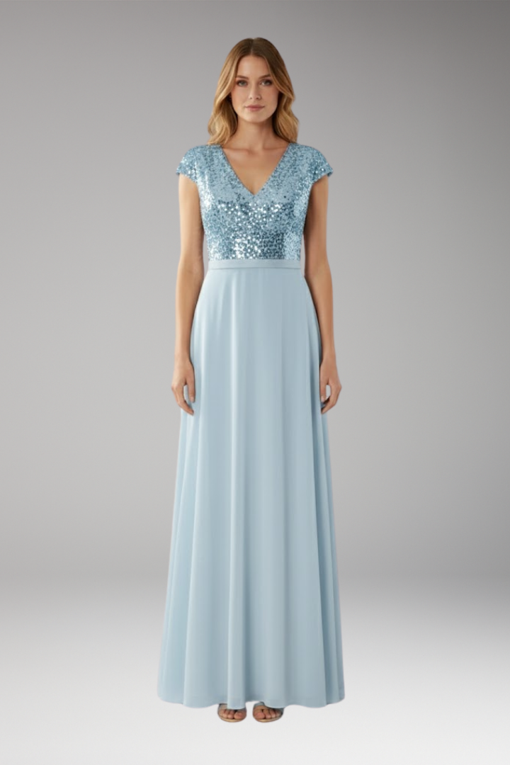 Women's Maxi Dress with V-Neck and Sequin Chiffon Panel