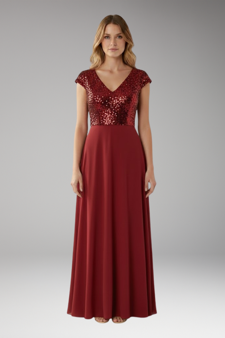 Women's Maxi Dress with V-Neck and Sequin Chiffon Panel