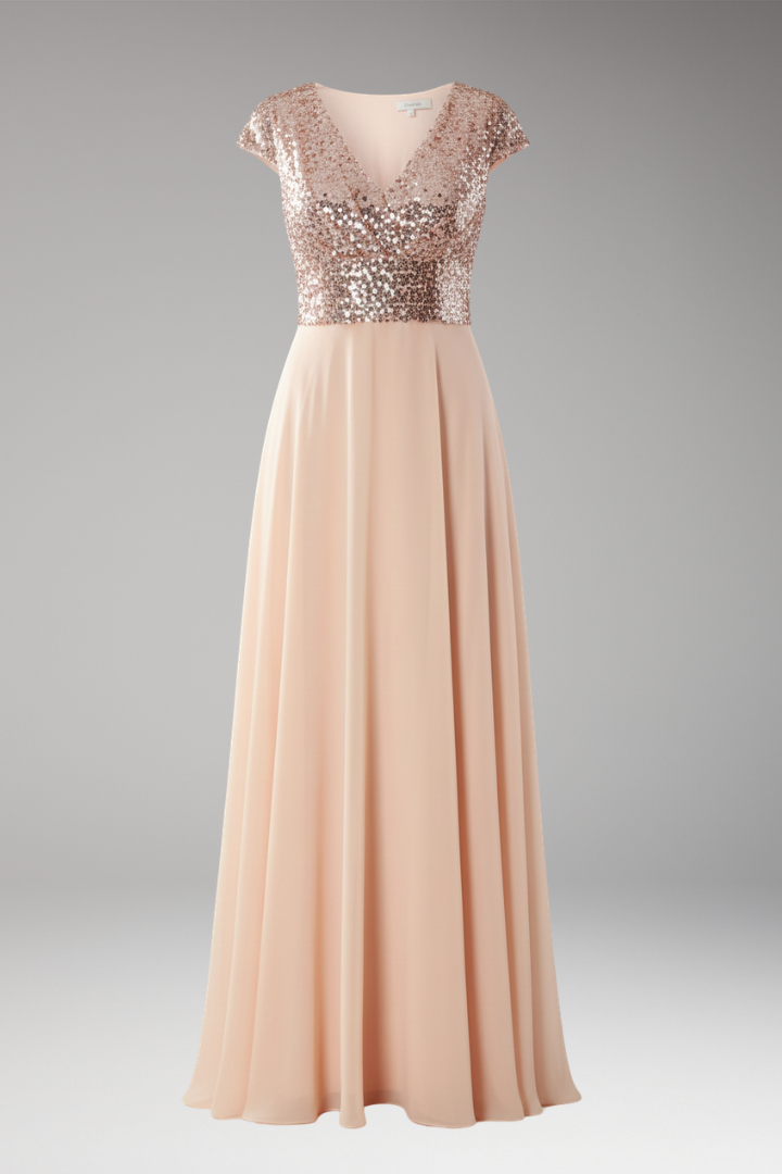 Women's Maxi Dress with V-Neck and Sequin Chiffon Panel