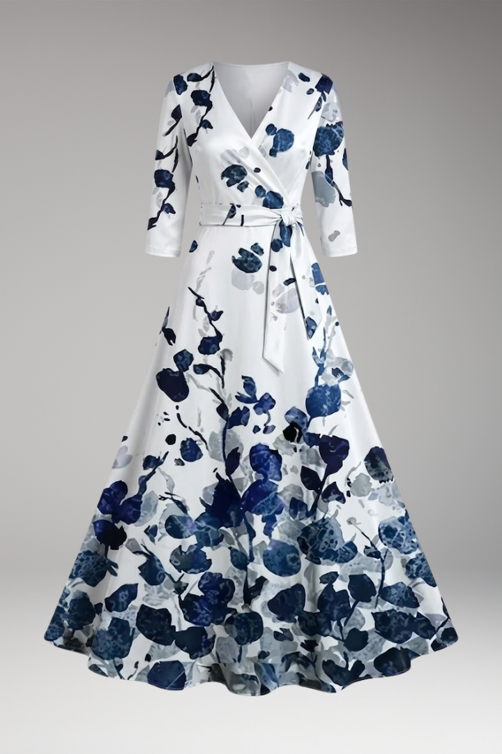 Women's Maxi Dress with V-Neck and Three-Quarter Sleeves
