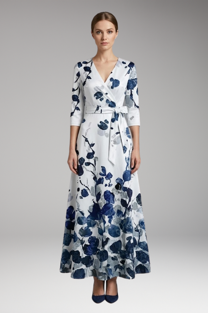 Women's Maxi Dress with V-Neck and Three-Quarter Sleeves