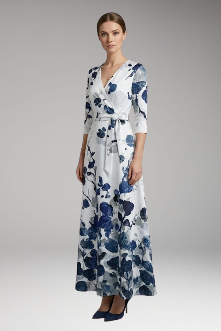 Women's Maxi Dress with V-Neck and Three-Quarter Sleeves
