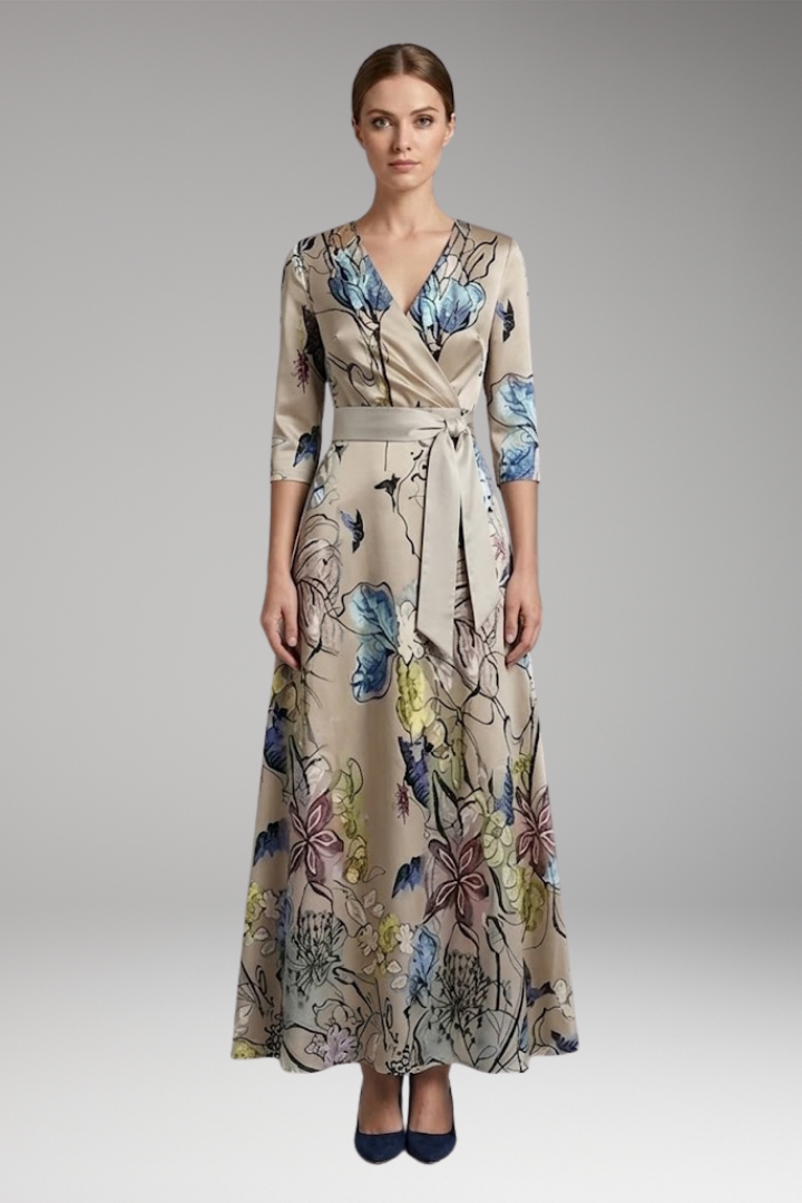 Women's Maxi Dress with V-Neck and Three-Quarter Sleeves