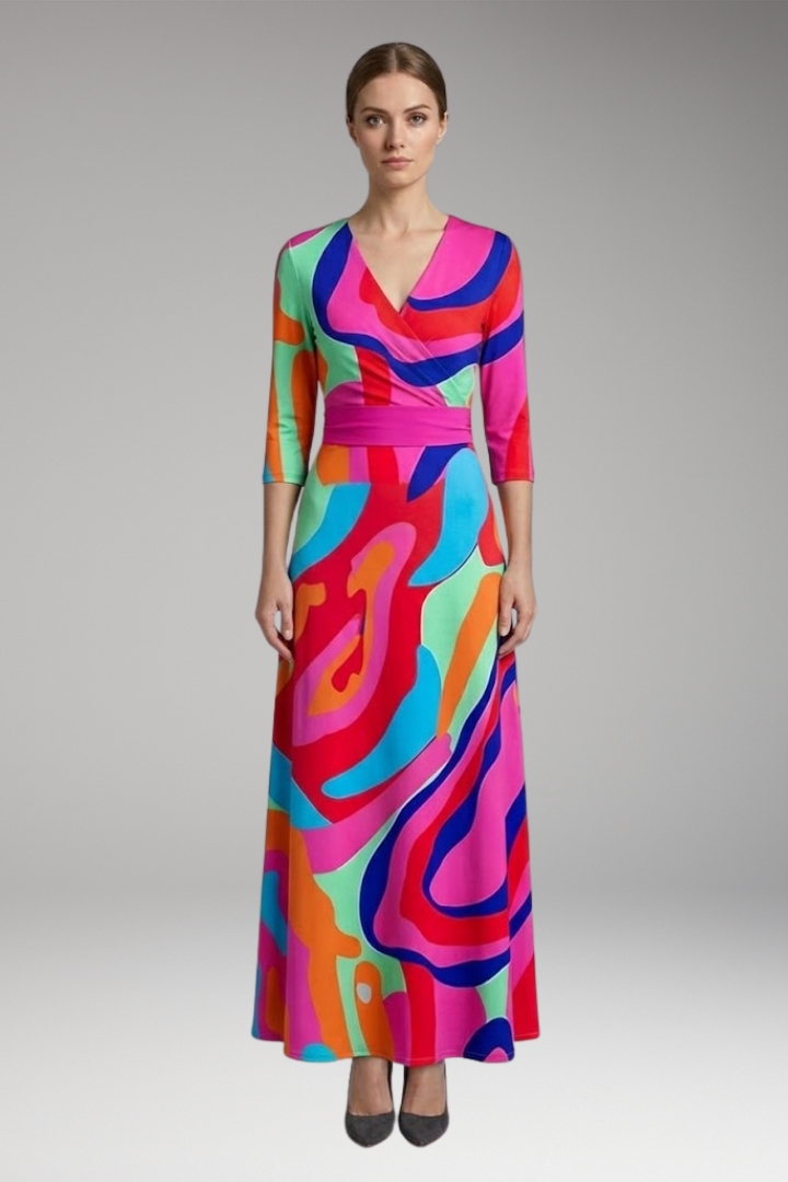 Women's Maxi Dress with V-Neck and Three-Quarter Sleeves