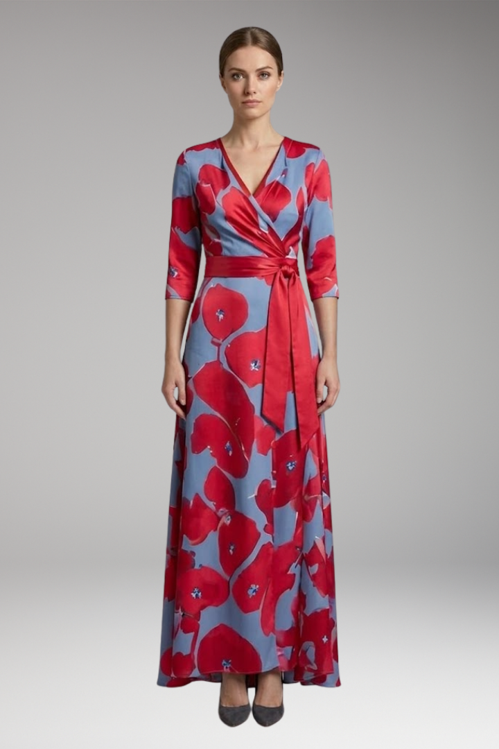 Women's Maxi Dress with V-Neck and Three-Quarter Sleeves