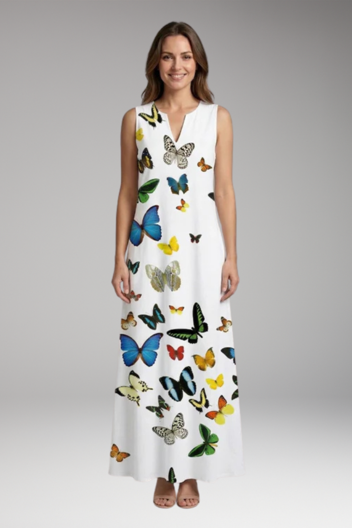 Women's Maxi Dress with V'Neck and Butterfly Print