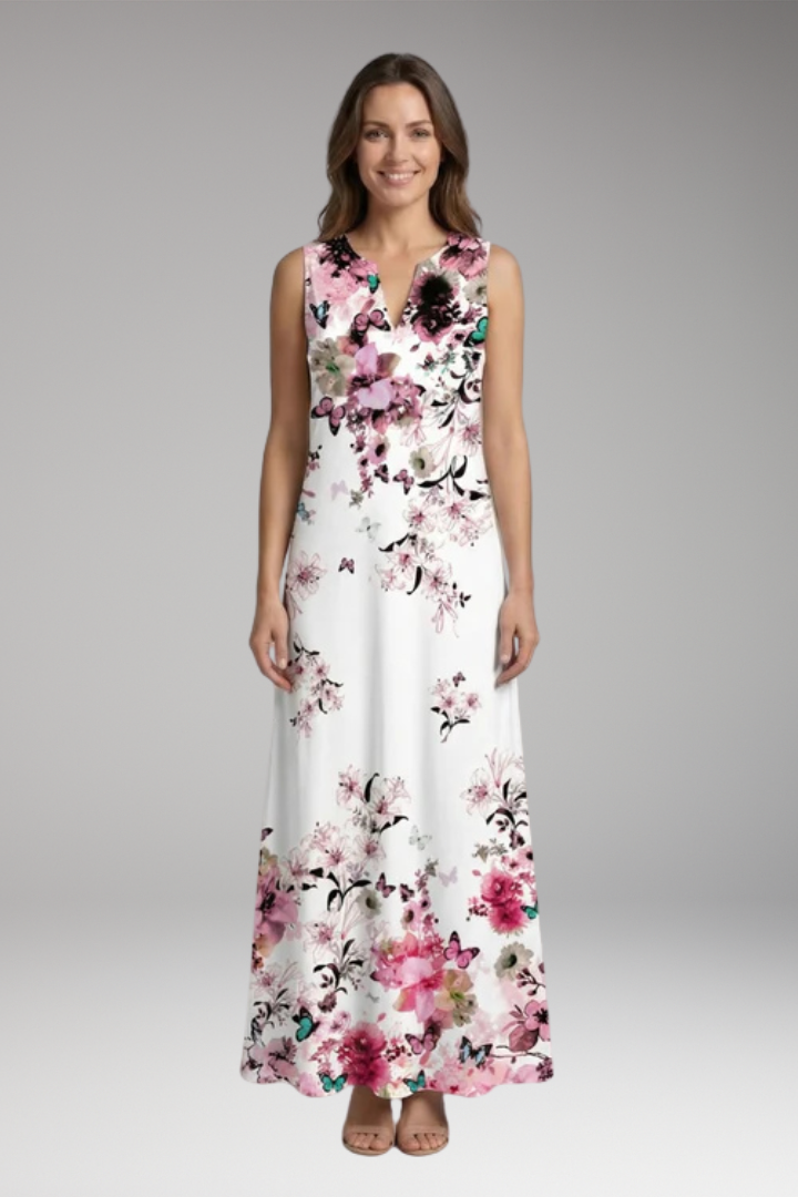 Women's Maxi Dress with V'Neck and Butterfly Print