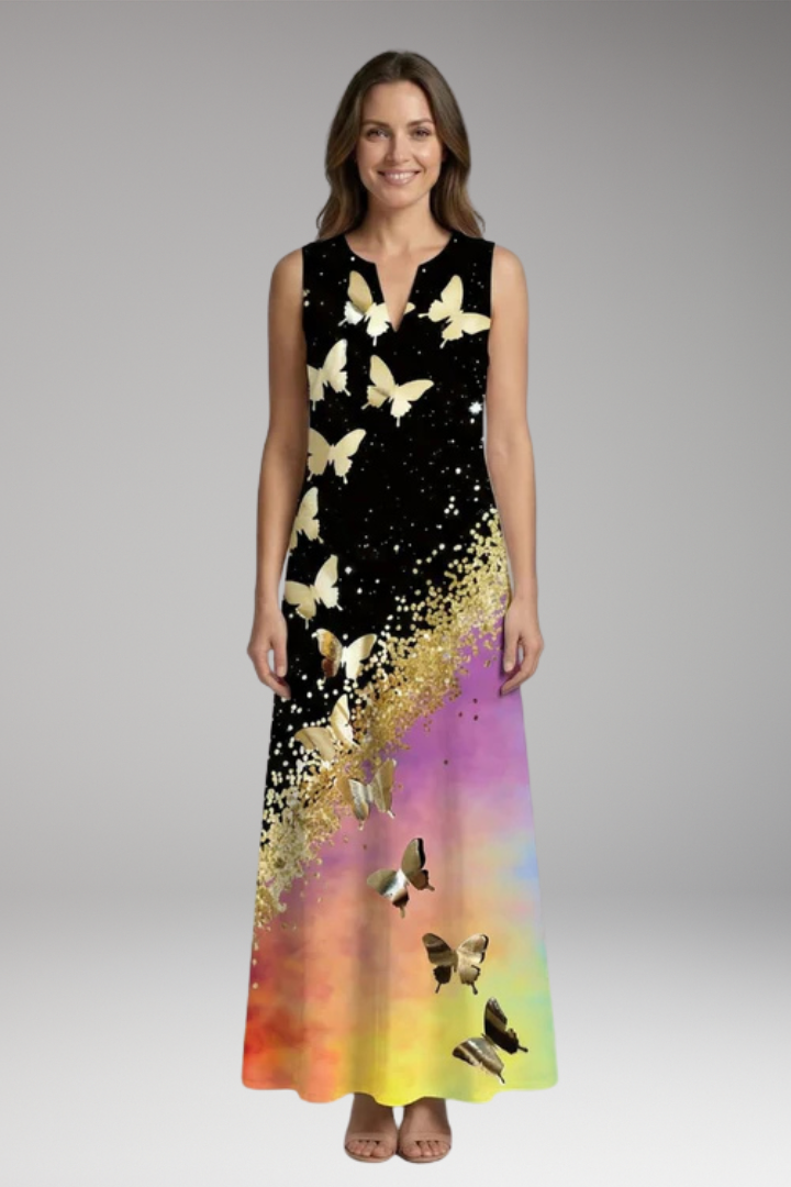 Women's Maxi Dress with V'Neck and Butterfly Print