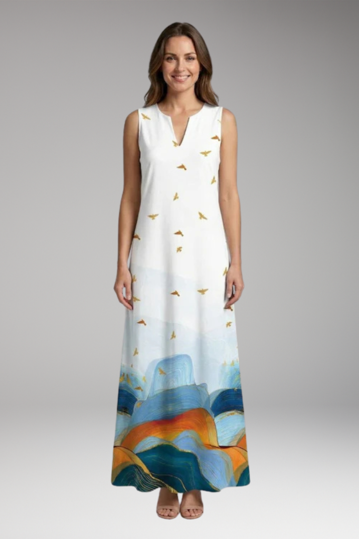Women's Maxi Dress with V'Neck and Butterfly Print