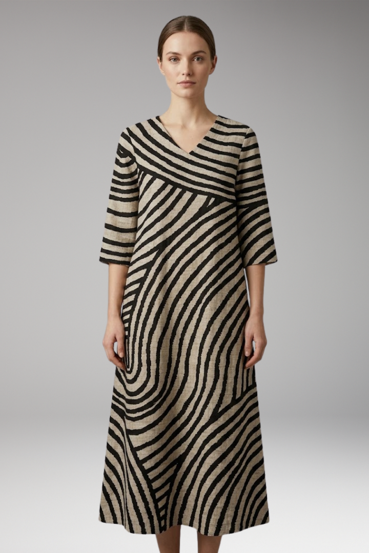 Womens Maxi Dress with V-Neck and Three Quarter Sleeves