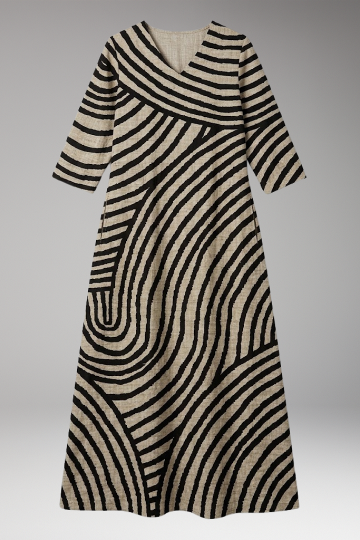 Womens Maxi Dress with V-Neck and Three Quarter Sleeves