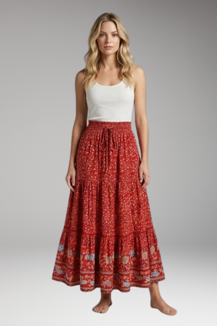 Women's Maxi Skirt with High-Waist and Tiered Layers