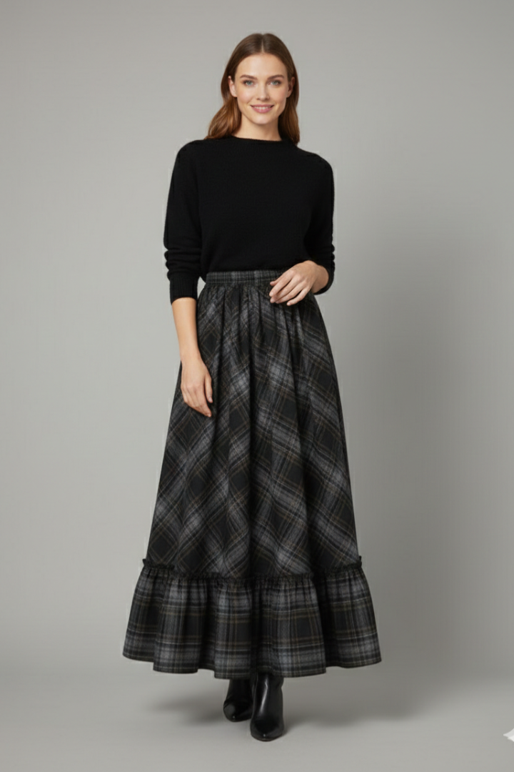 Women's Maxi Skirt with High Waist and Plaid