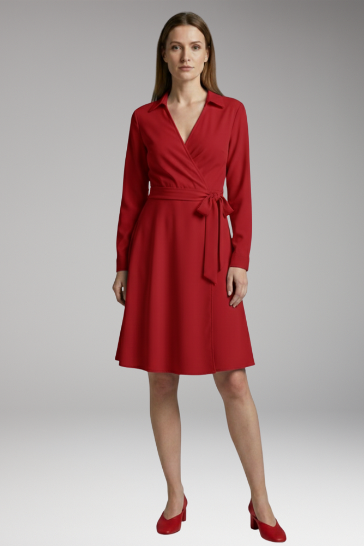 Women's Midi Blouse with V-Neck, Long Sleeves, and Flowing Bow Pockets