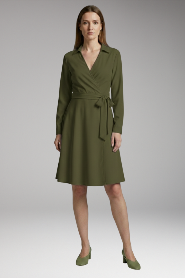 Women's Midi Blouse with V-Neck, Long Sleeves, and Flowing Bow Pockets