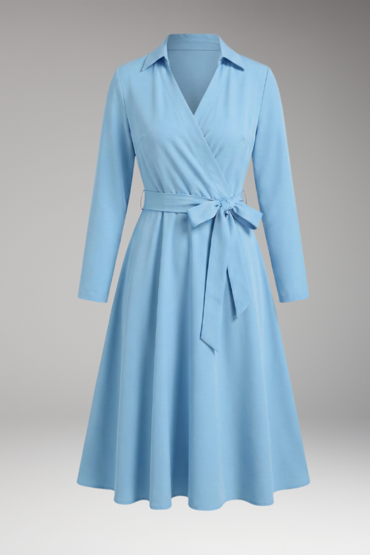 Women's Midi Blouse with V-Neck, Long Sleeves, and Flowing Bow Pockets
