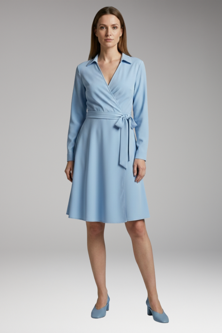 Women's Midi Blouse with V-Neck, Long Sleeves, and Flowing Bow Pockets