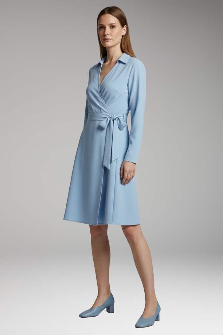 Women's Midi Blouse with V-Neck, Long Sleeves, and Flowing Bow Pockets