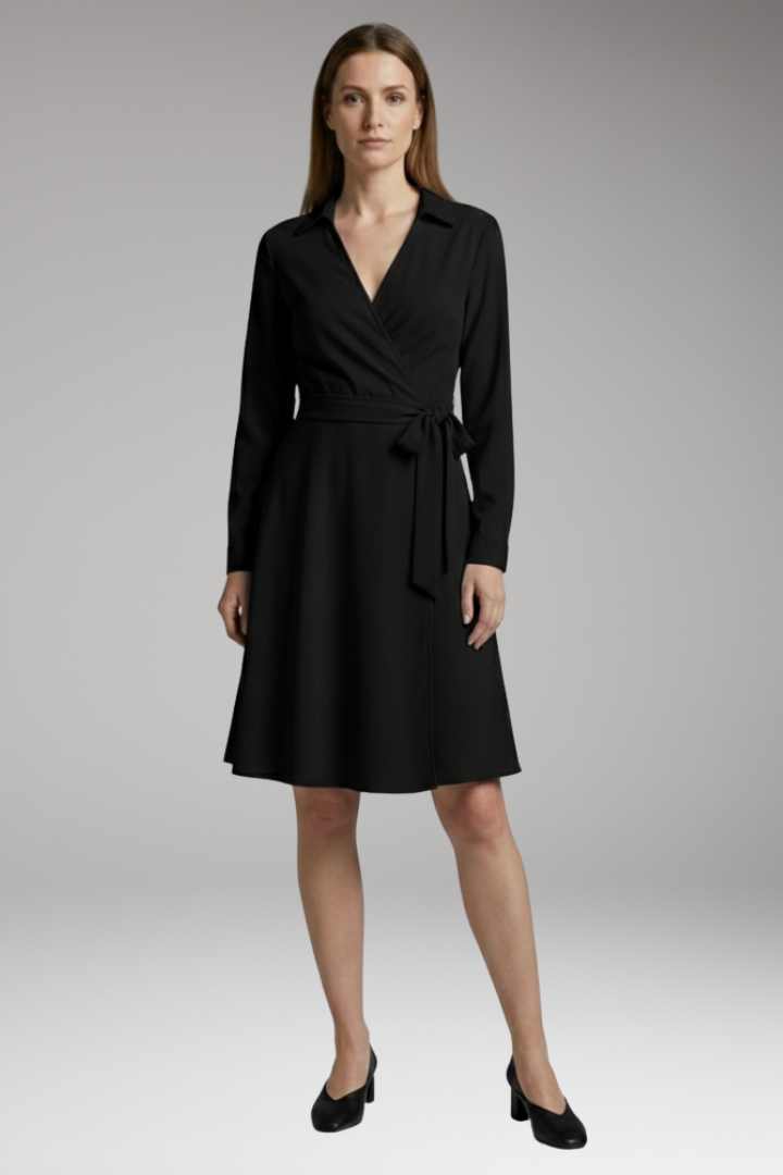 Women's Midi Blouse with V-Neck, Long Sleeves, and Flowing Bow Pockets