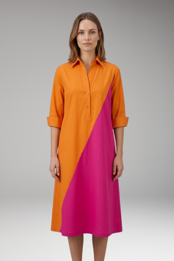 Women's Midi Dress with Button-Down Collar and Color-Block Design