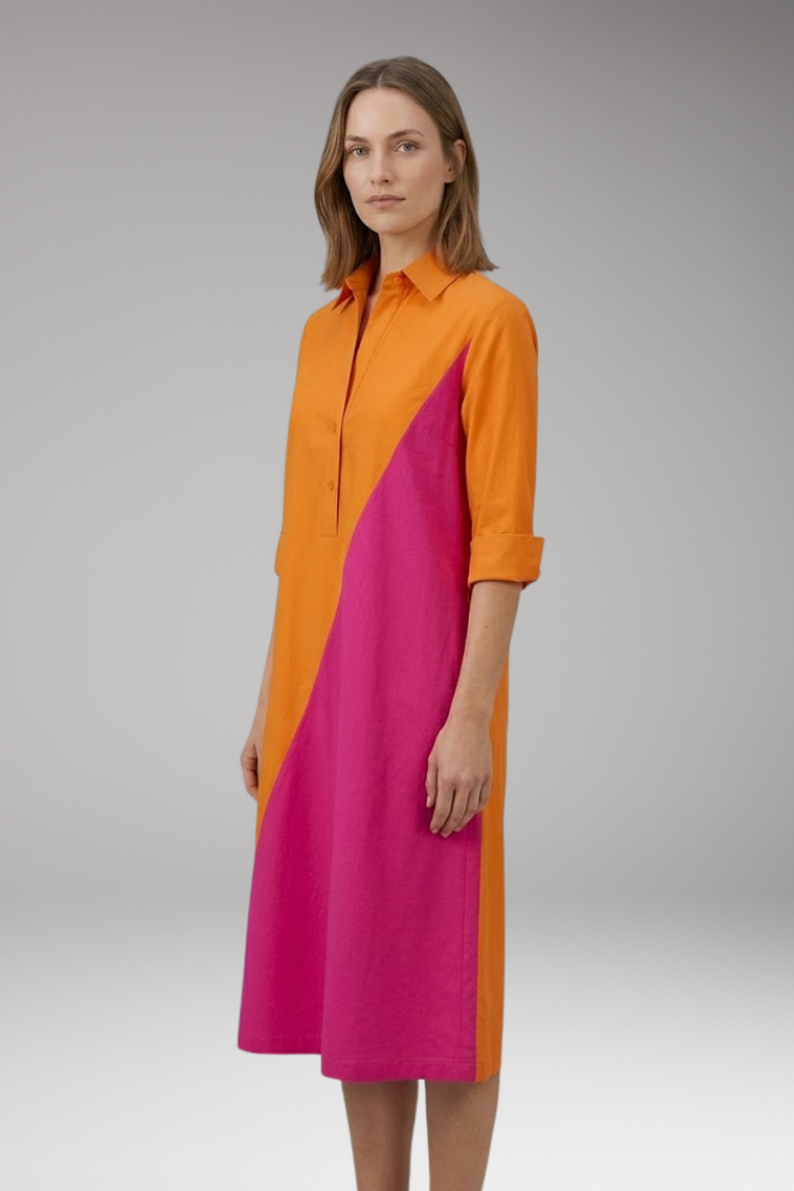Women's Midi Dress with Button-Down Collar and Color-Block Design