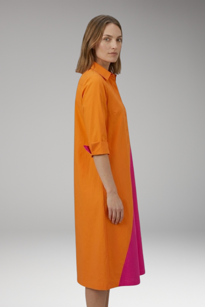 Women's Midi Dress with Button-Down Collar and Color-Block Design