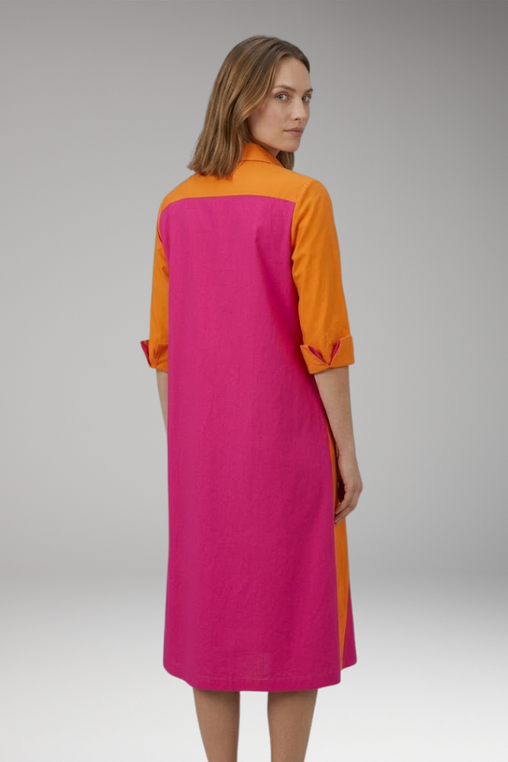 Women's Midi Dress with Button-Down Collar and Color-Block Design