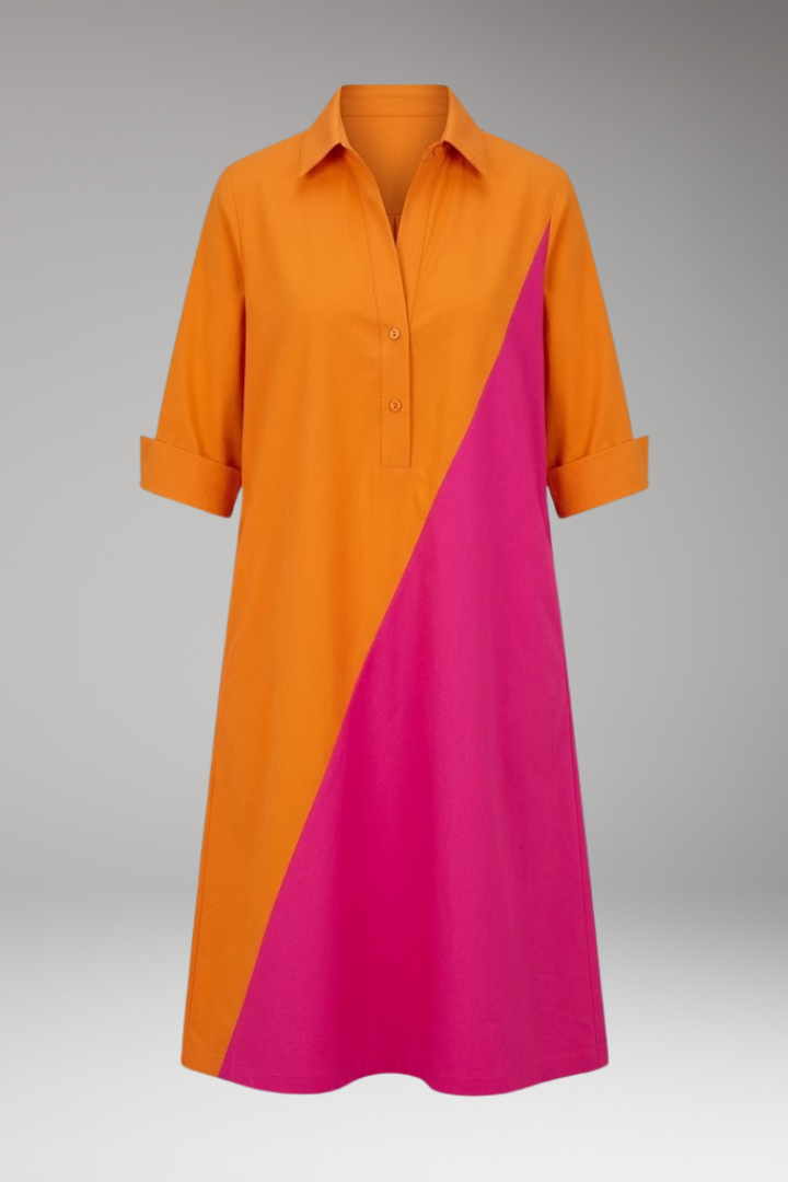 Women's Midi Dress with Button-Down Collar and Color-Block Design