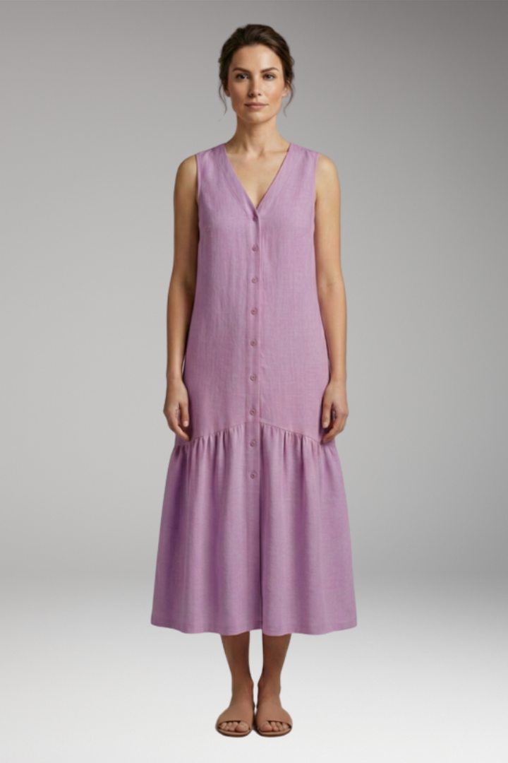 Women's Midi Dress with Button Placket and Relaxed Fit