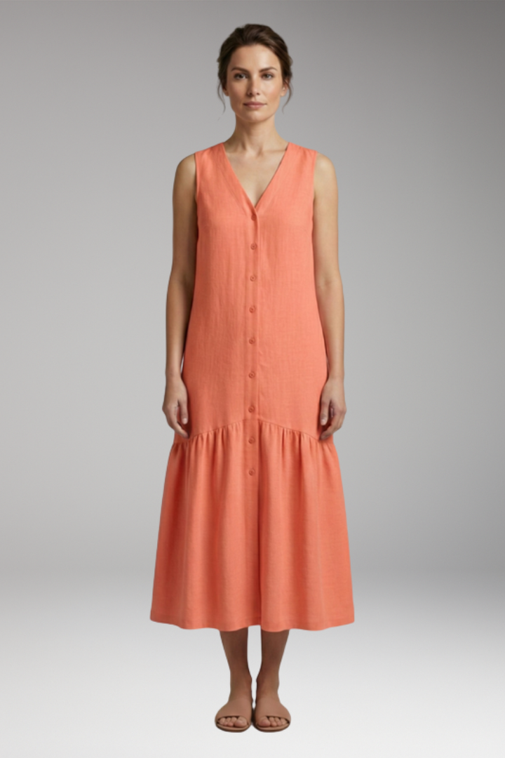 Women's Midi Dress with Button Placket and Relaxed Fit