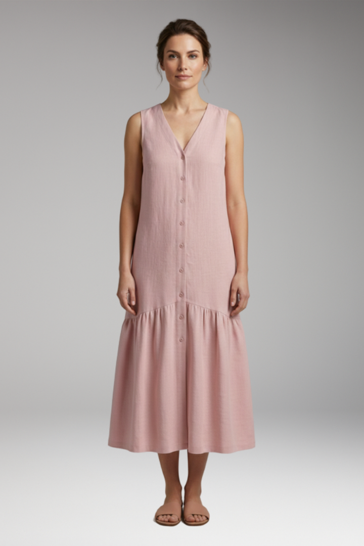 Women's Midi Dress with Button Placket and Relaxed Fit