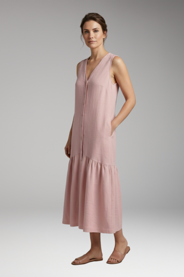 Women's Midi Dress with Button Placket and Relaxed Fit