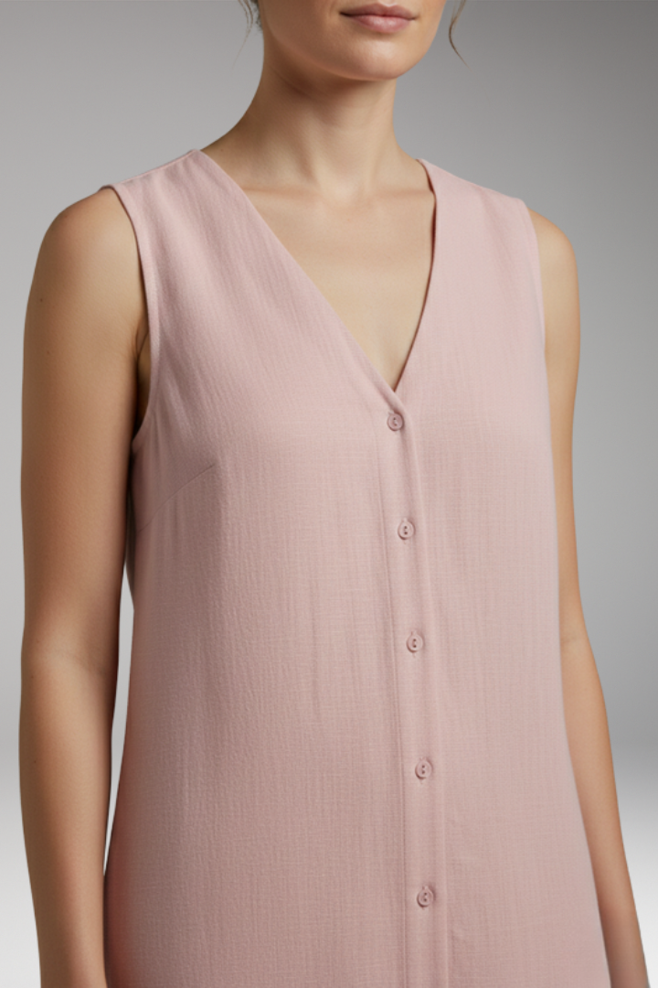 Women's Midi Dress with Button Placket and Relaxed Fit