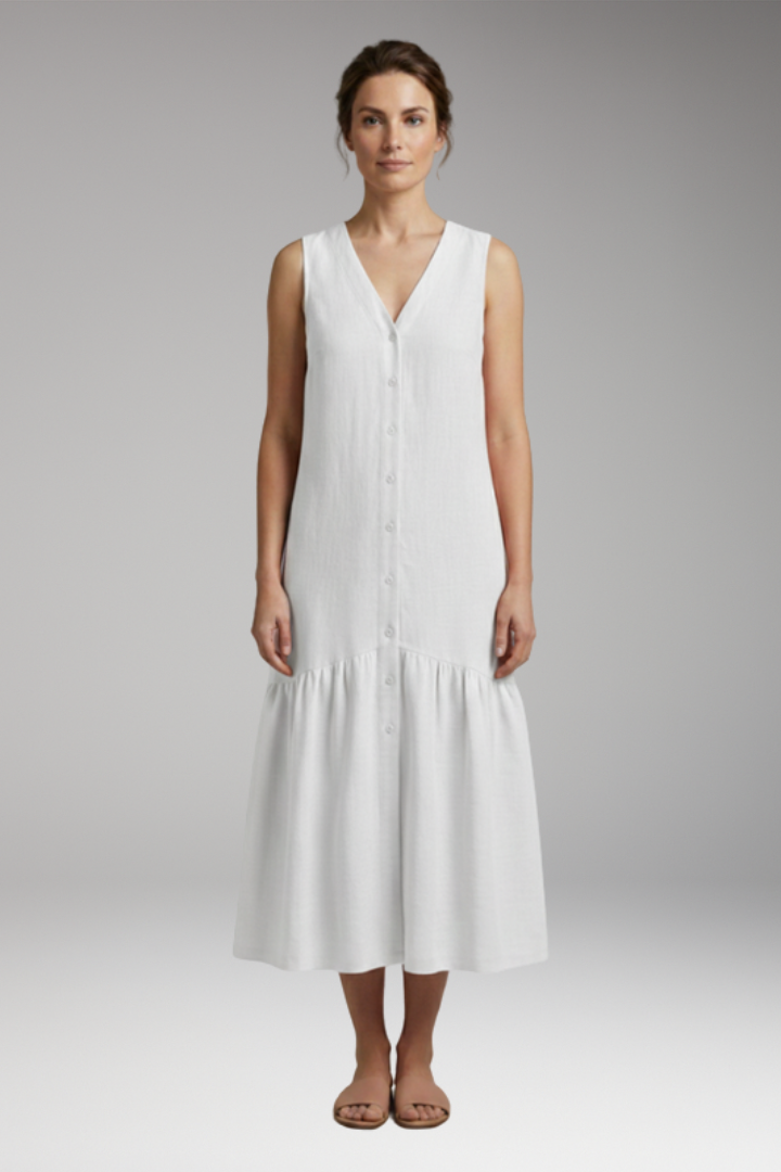 Women's Midi Dress with Button Placket and Relaxed Fit