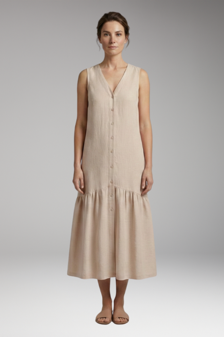 Women's Midi Dress with Button Placket and Relaxed Fit