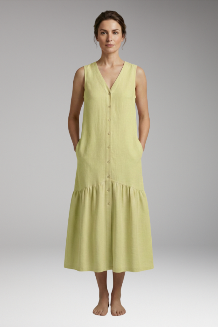 Women's Midi Dress with Button Placket and Relaxed Fit