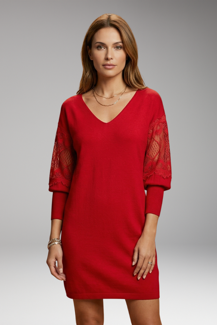 Women's Midi Dress with Lace Sleeves and Elegant Design